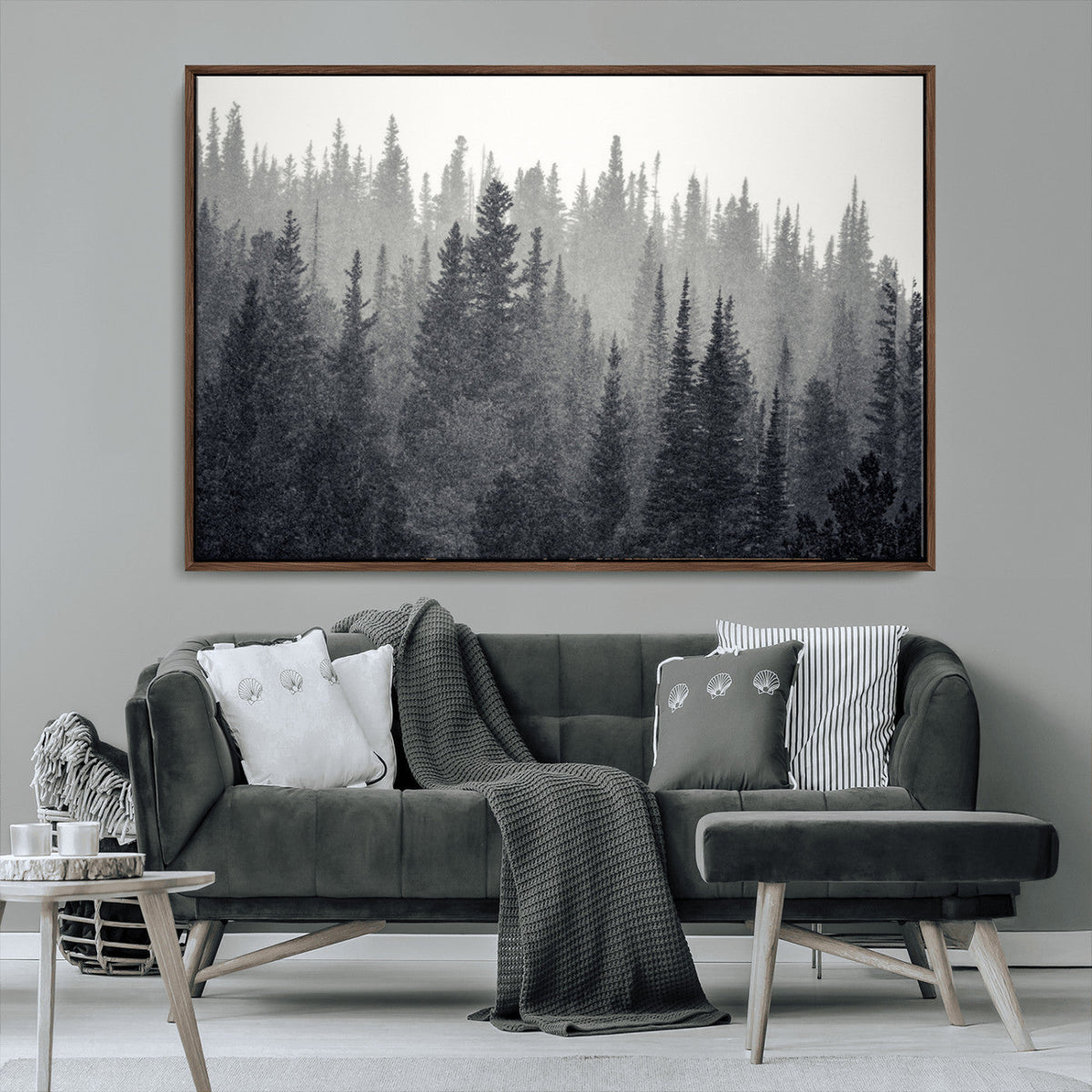 Misty Forest Canvas Wall Art | Monochrome Triptych Pine Tree Print