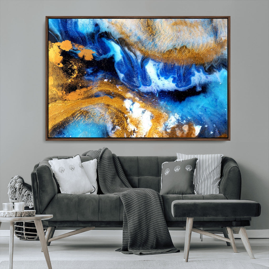 Blue Orange Marble Fluid Effect Canvas Wall Art Print