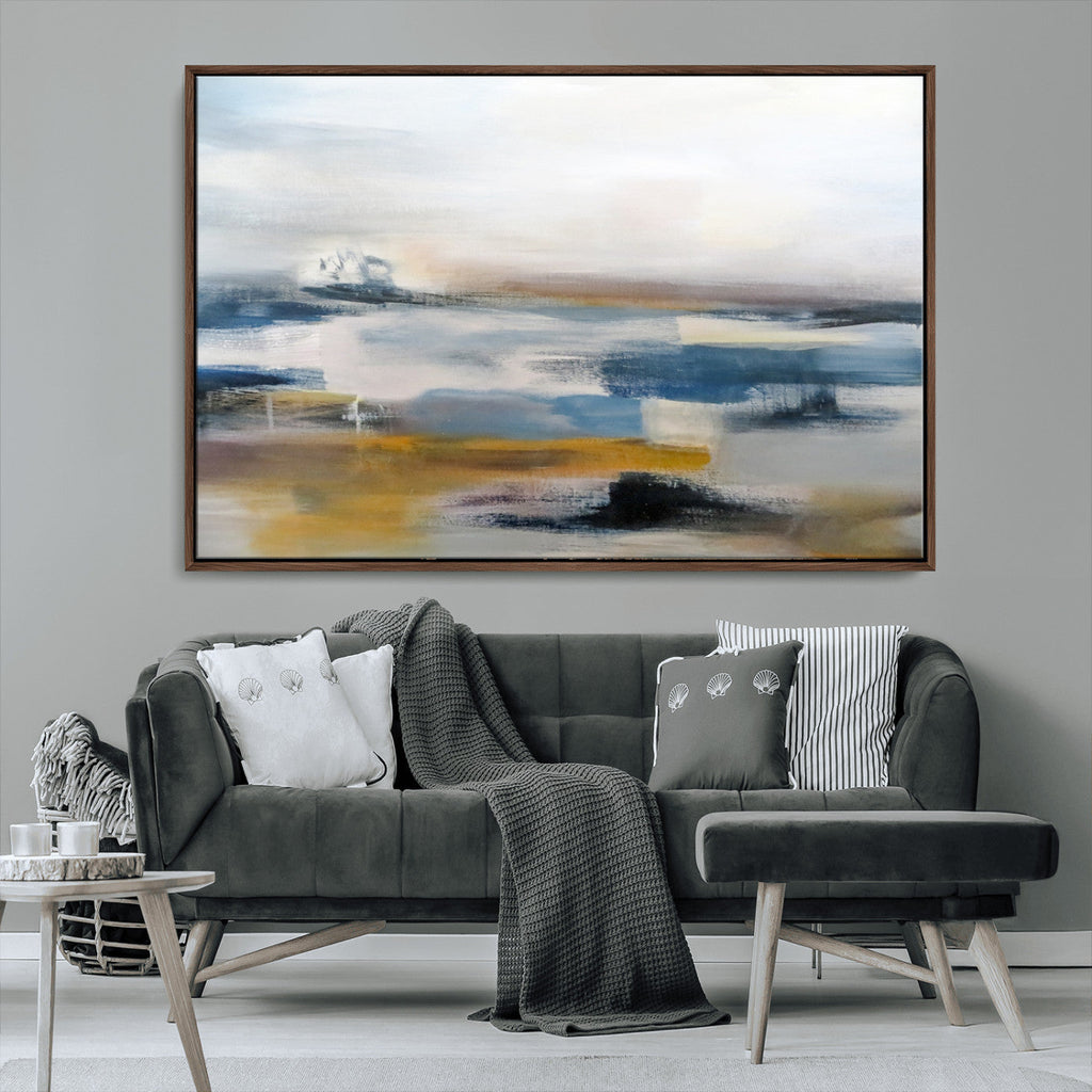 Abstract Landscape Wall Art Canvas | 3 Panel Modern Blue, Gold and White Canvas Art