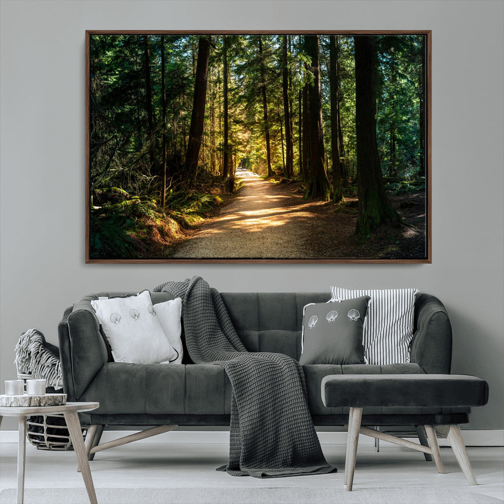 Sunlit Forest Pathway Canvas Print | 3 Panel Large Nature Wall Art