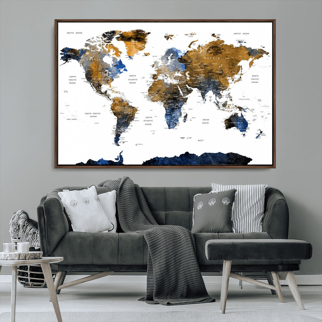 Modern Abstract World Map Canvas Wall Art | Framed Blue and Gold Map Print