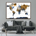 Modern Abstract World Map Canvas Wall Art | Framed Blue and Gold Map Print