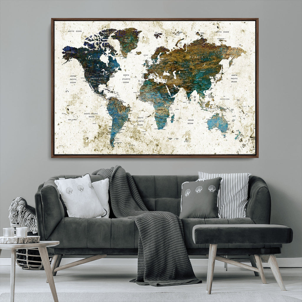 Vintage World Map Wall Art Canvas Print, Framed Rustic Earth Tone Map