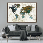 Vintage World Map Wall Art Canvas Print, Framed Rustic Earth Tone Map