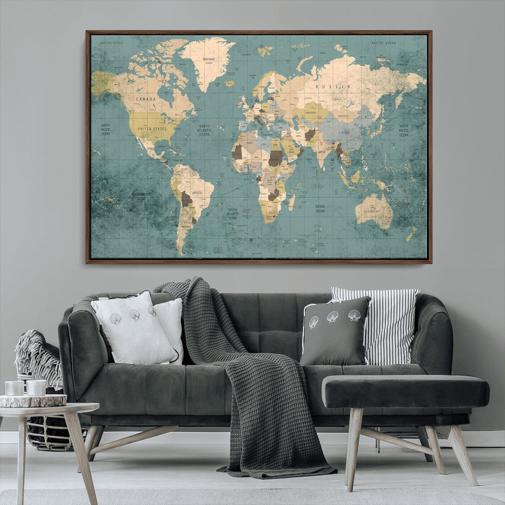 Classic World Map Canvas Print | Framed Vintage Map Wall Art