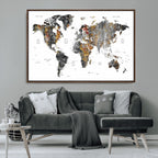Modern Metallic World Map Canvas Wall Art | Framed Contemporary World Map Print
