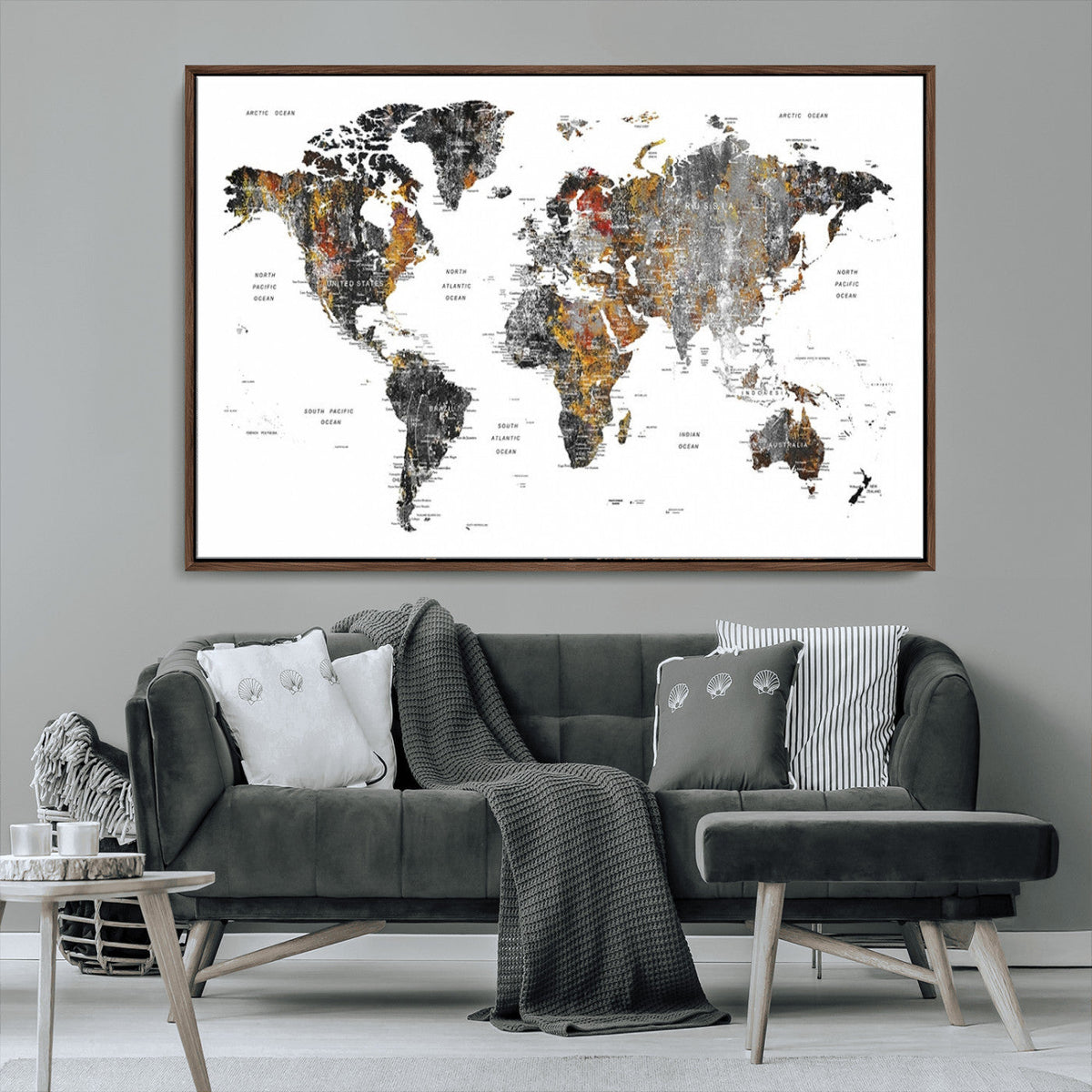 Modern Metallic World Map Canvas Wall Art | Framed Contemporary World Map Print