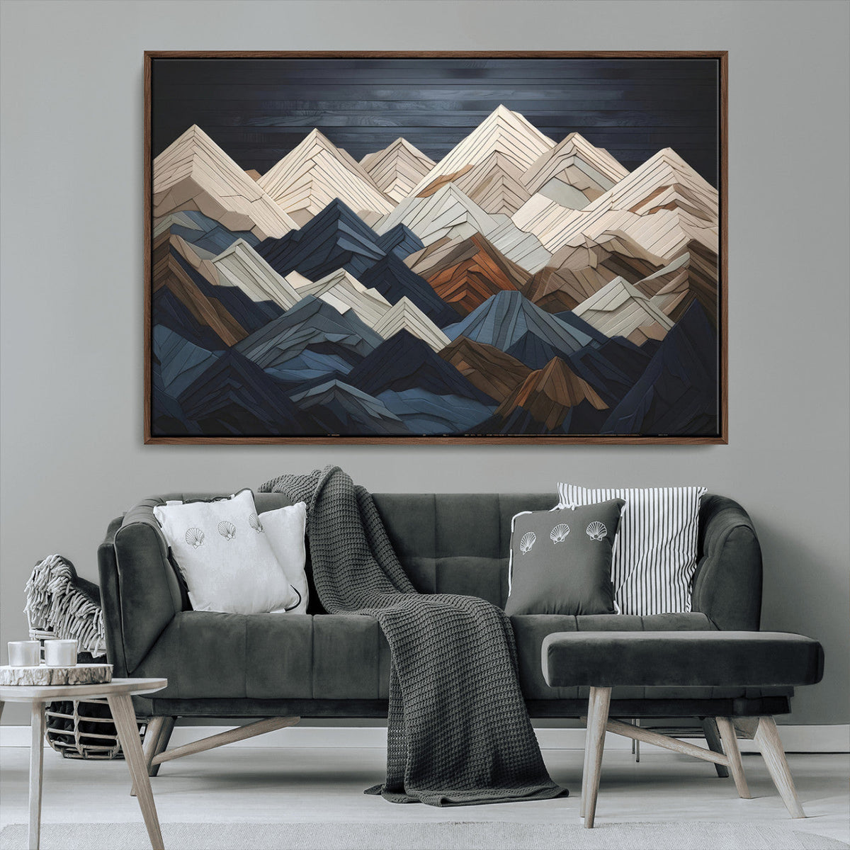 Rustic Mountain Landscape Wall Art Canvas Print, Framed 3D Wooden Effect Mountain Art