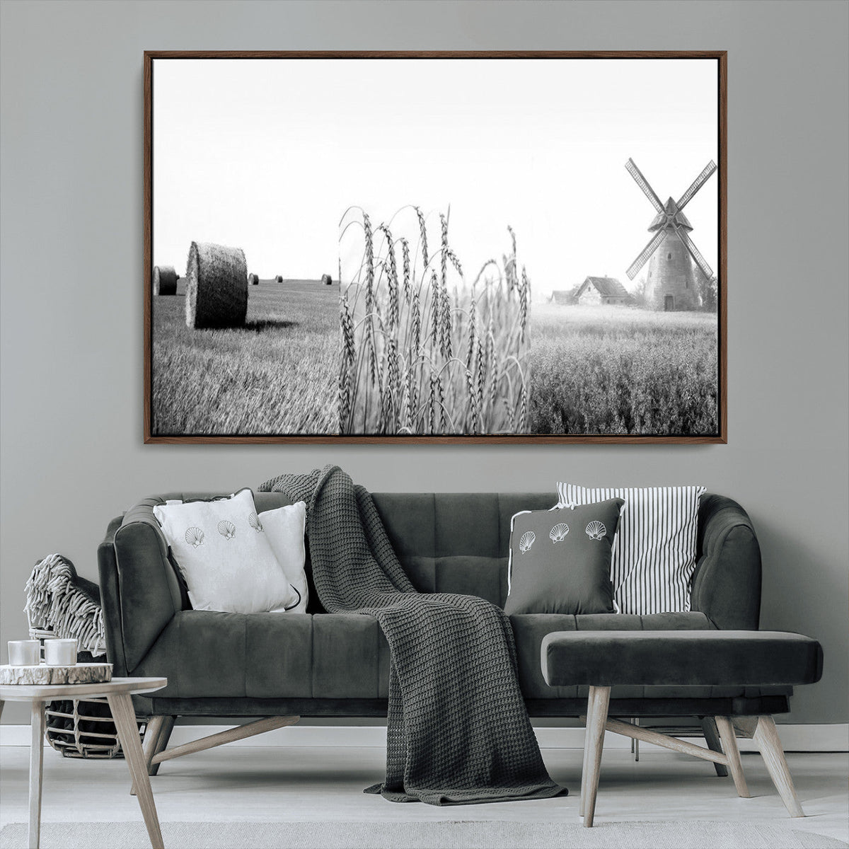 Vintage Farmhouse Black and White Triptych Wall Art, Giclee Canvas with Wheat Fields, Hay Bales and Windmill