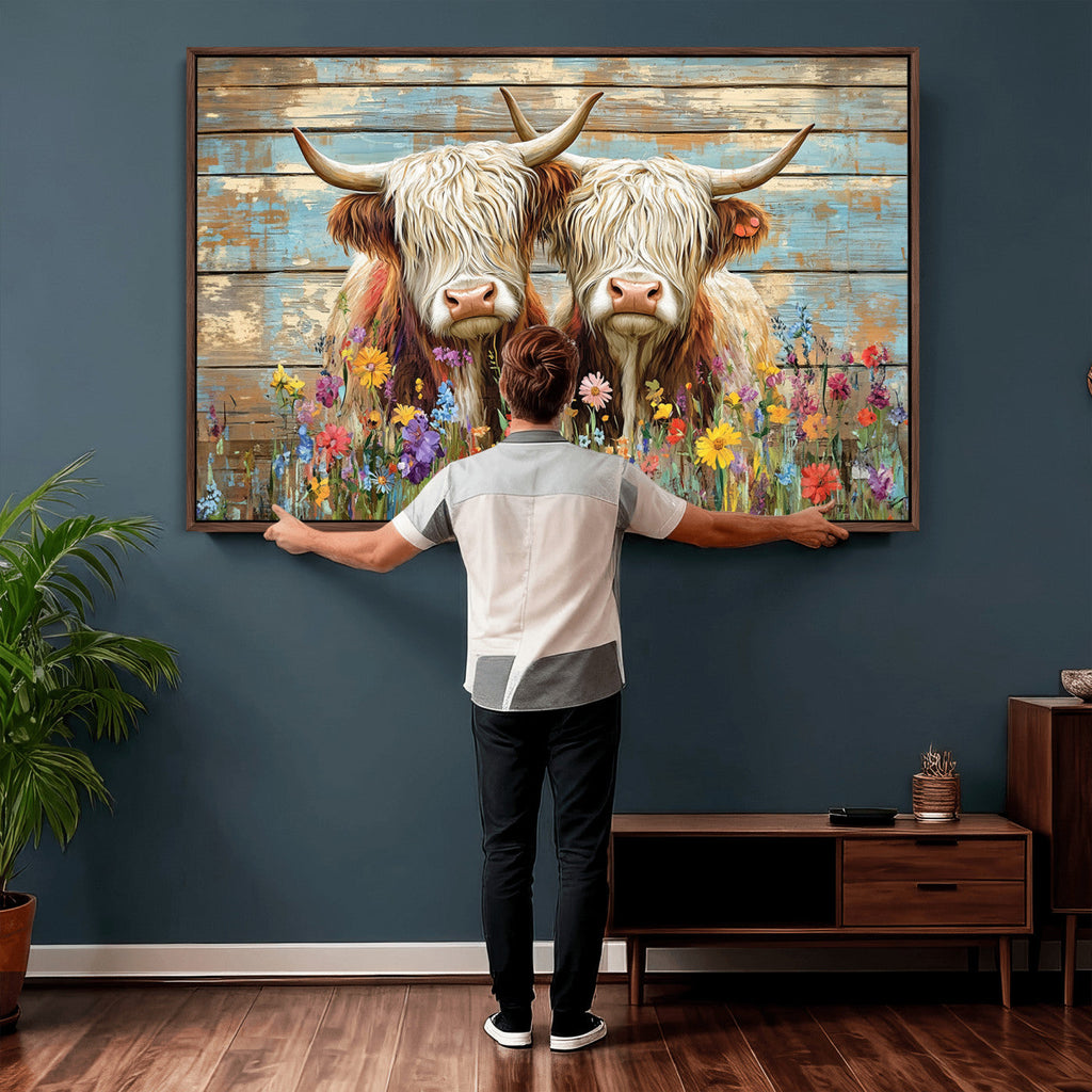 Cute Highland Cow Canvas Wall Art - Rustic Farmhouse Decor
