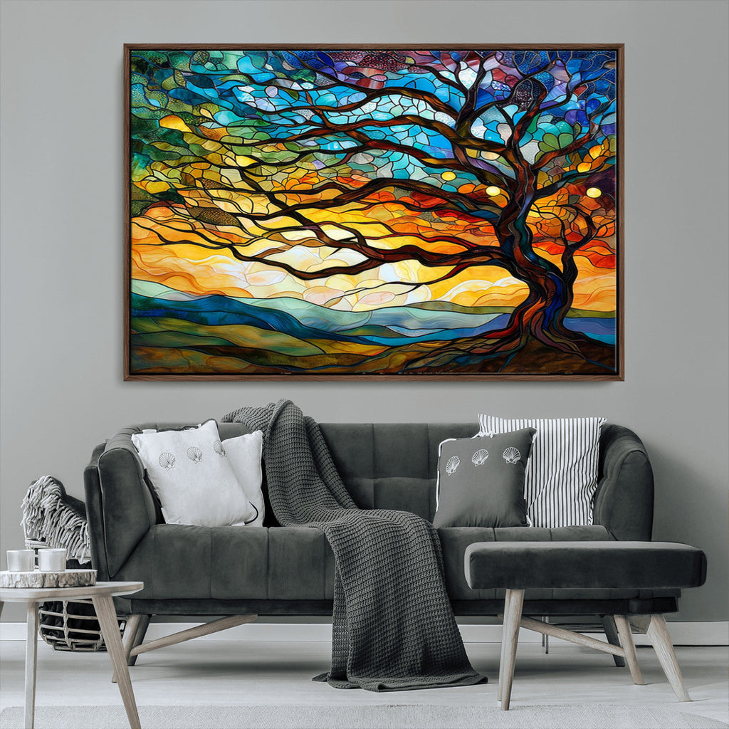 Vibrant Mosaic Tree of Life Wall Art, Stained Glass Style Canvas Print