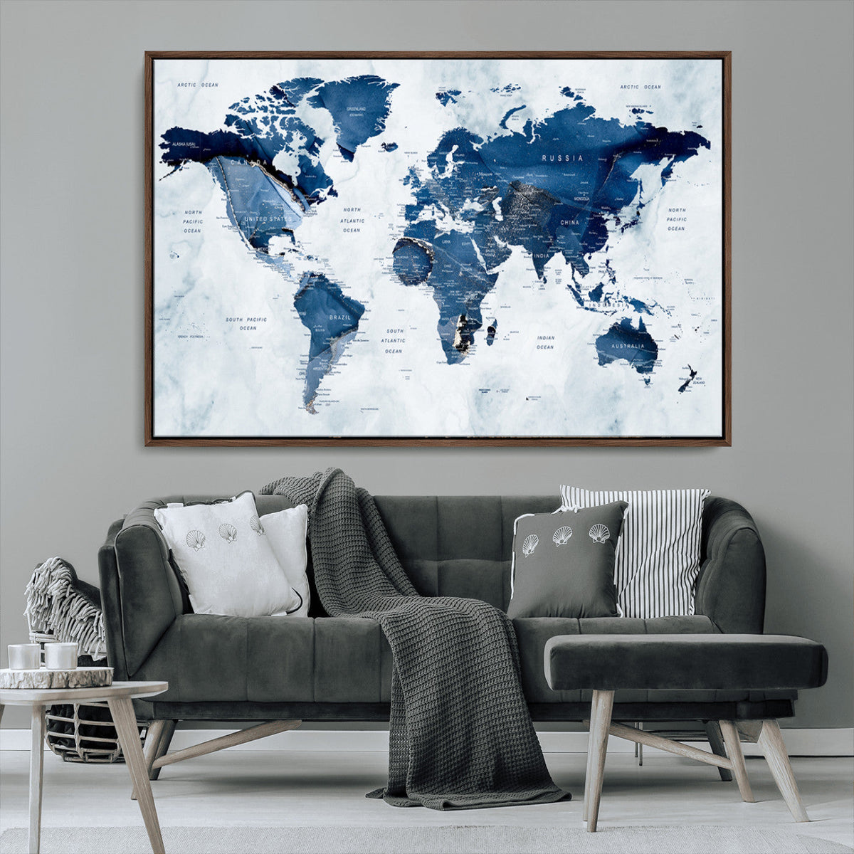 Modern Blue World Map Canvas Print | Elegant Travel Map Wall Art for Home Office