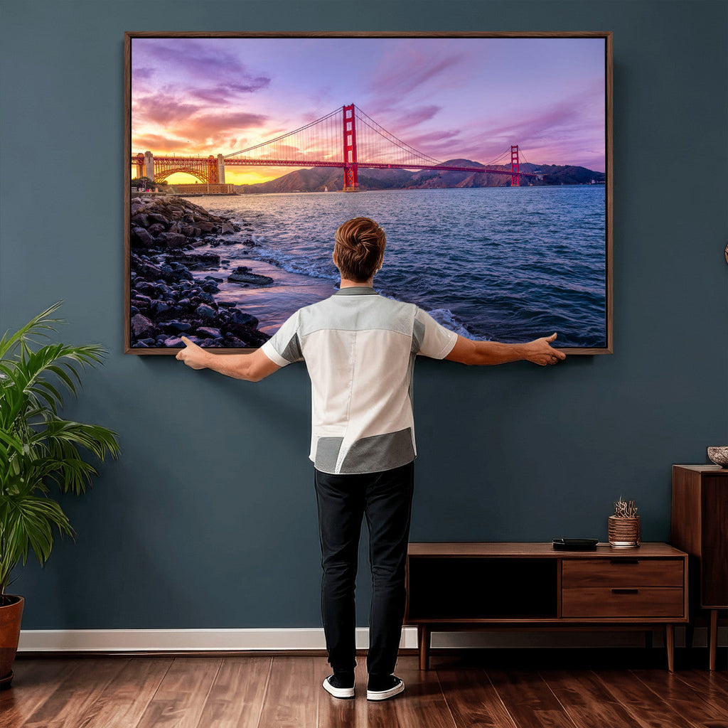 Golden Gate Bridge Wall Art Canvas Print, Framed San Francisco Sunset Landmark