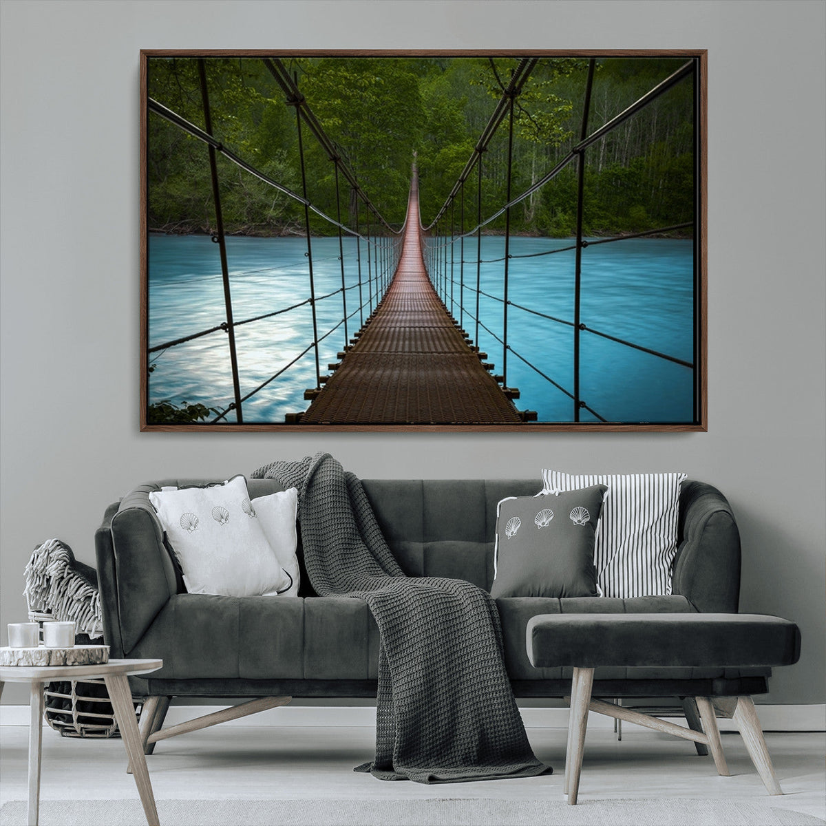 Suspension Bridge Over River Canvas Art | 3-Panel Nature Wall Art