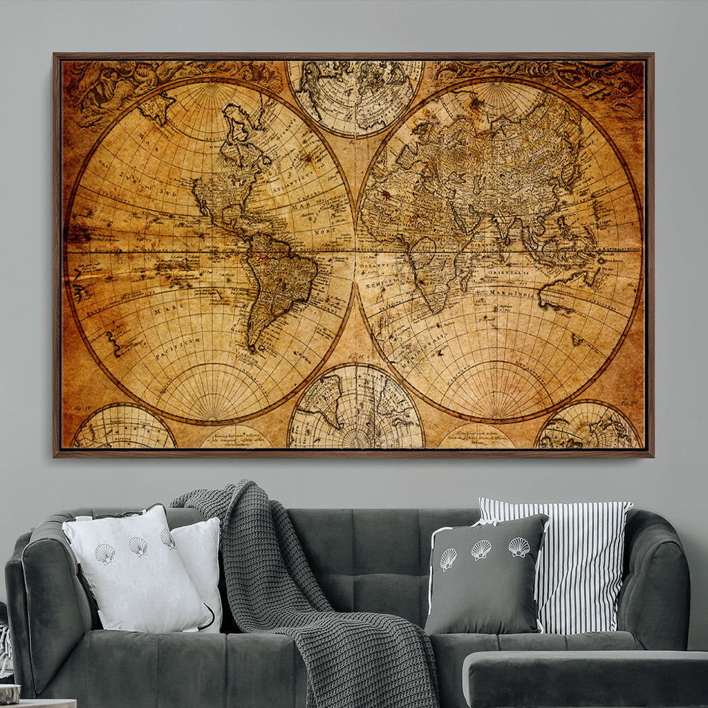 Vintage World Map Canvas Print | Antique Push Pin Travel Map