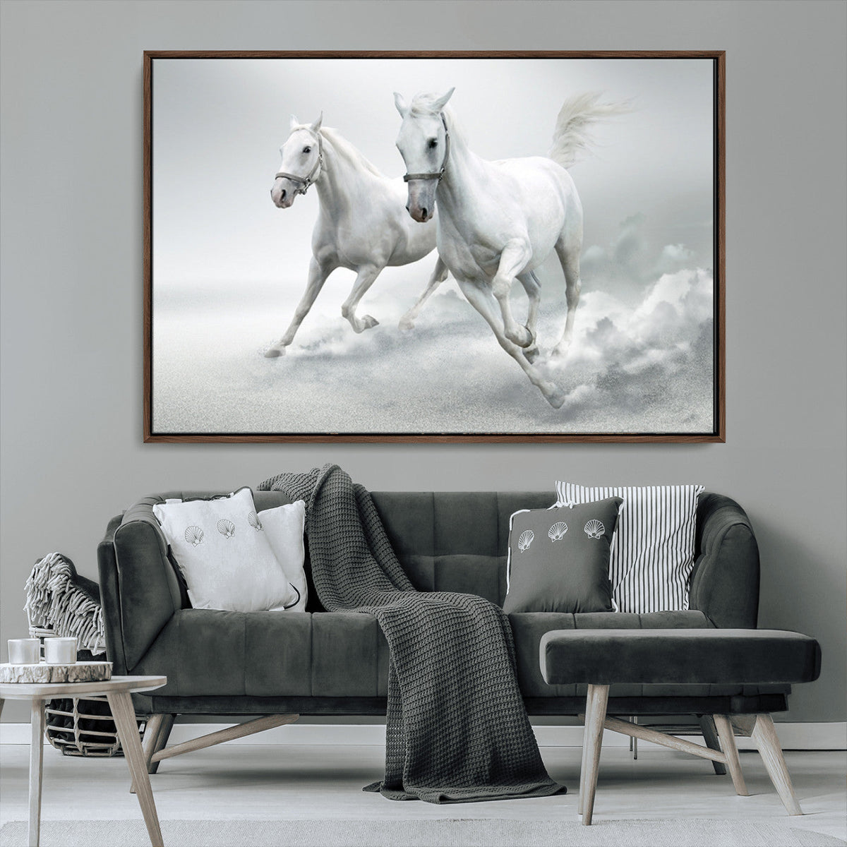 Large Wall Art Canvas Print, Beautiful Running White Horses