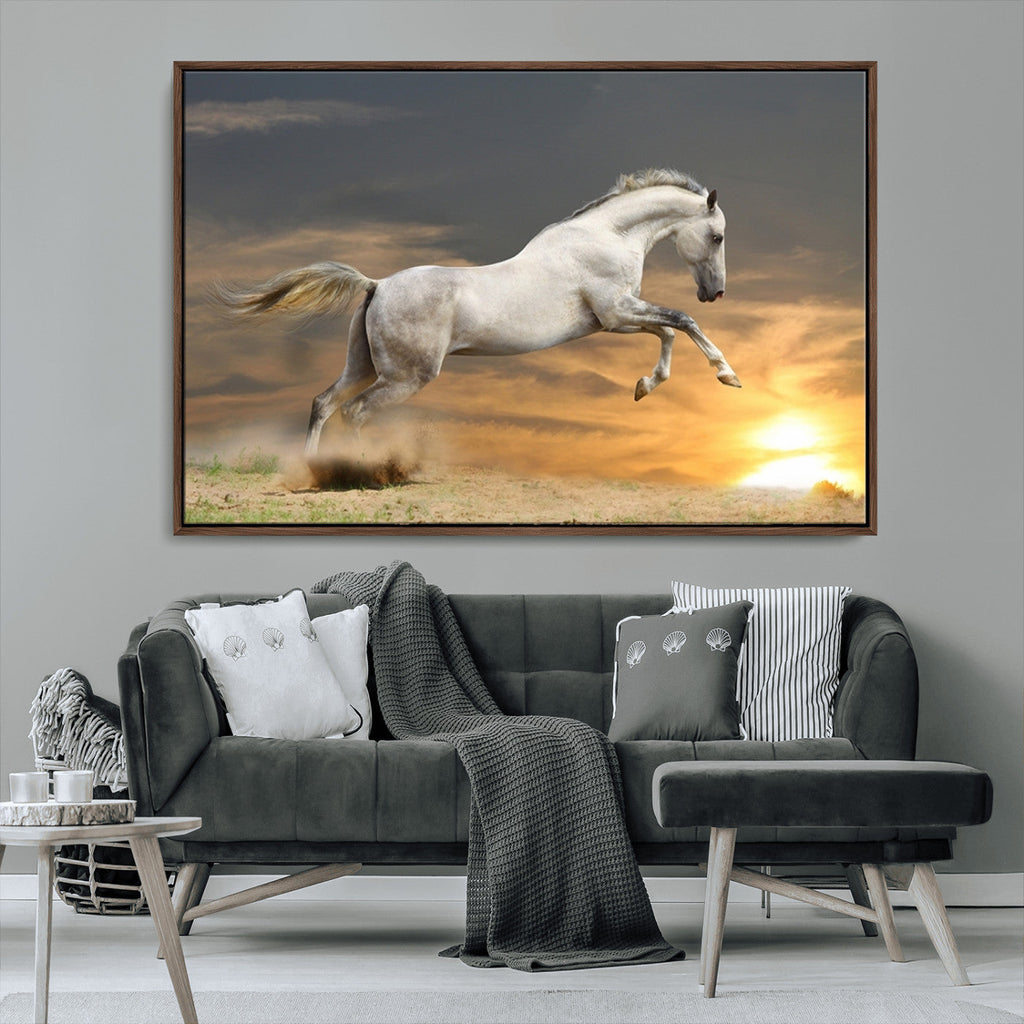 Large Wall Art Canvas Print, White Jumping Horse at Sunset