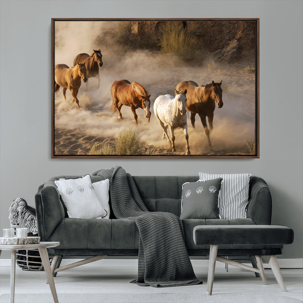 Large Wall Art 5 Horses Running on Sand Canvas Print