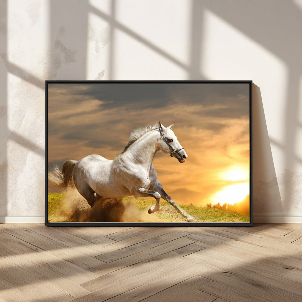 Large Wall Art Galloping White Horse at Sunset Canvas Print