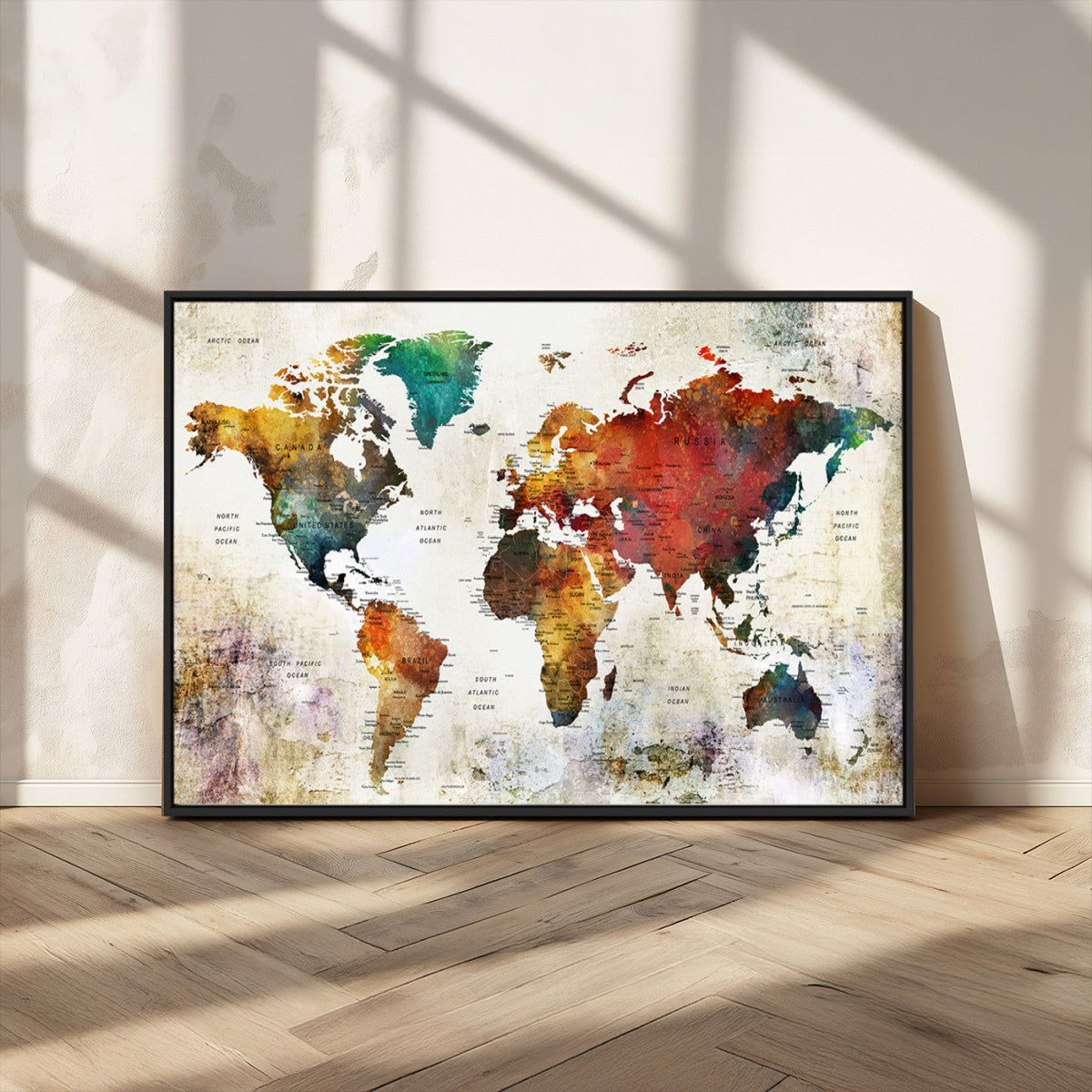 Watercolor World Map Canvas Print | Framed Travel Map Wall Art for Couples