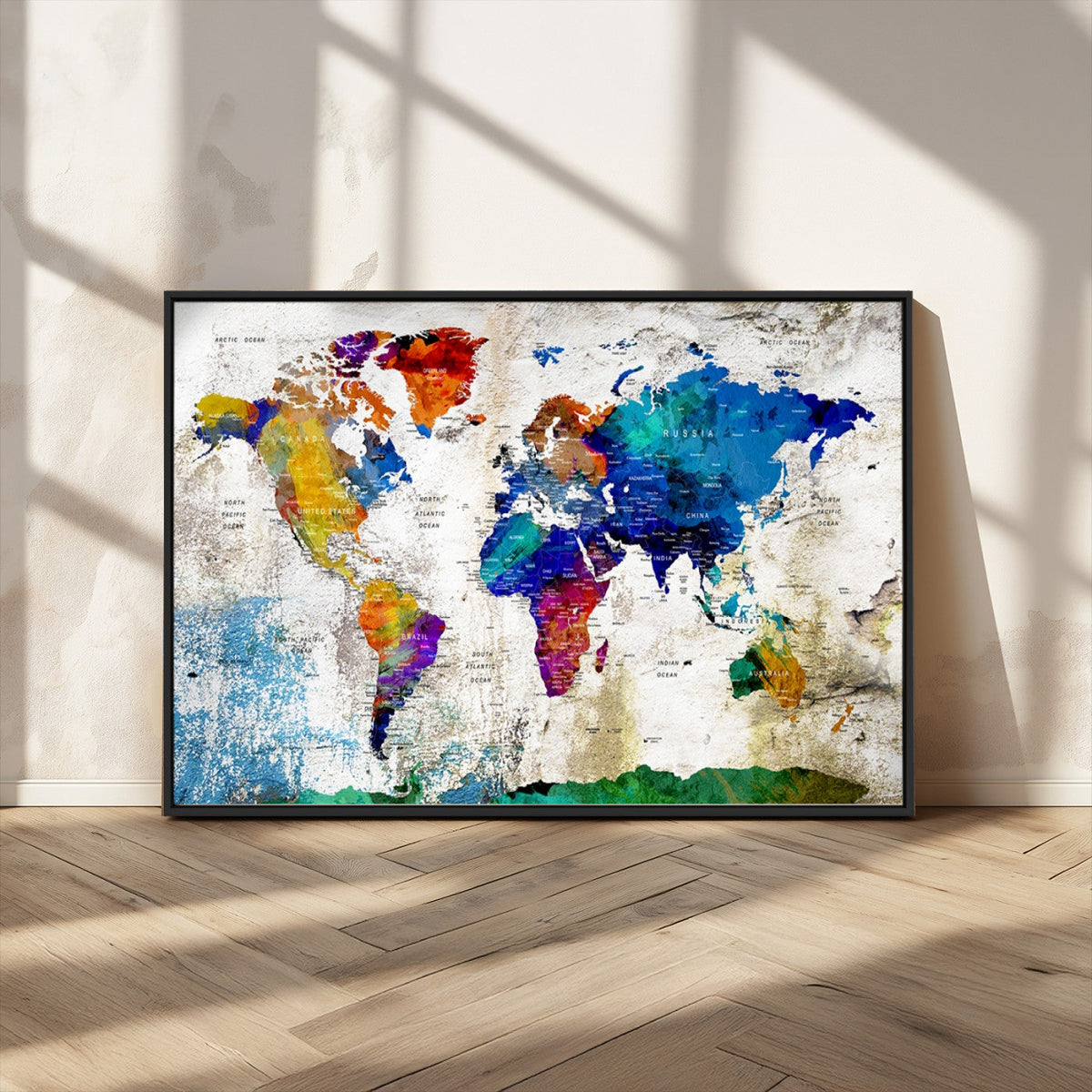 Navy Blue and Orange Watercolor World Map Canvas Print | Framed Travel Map