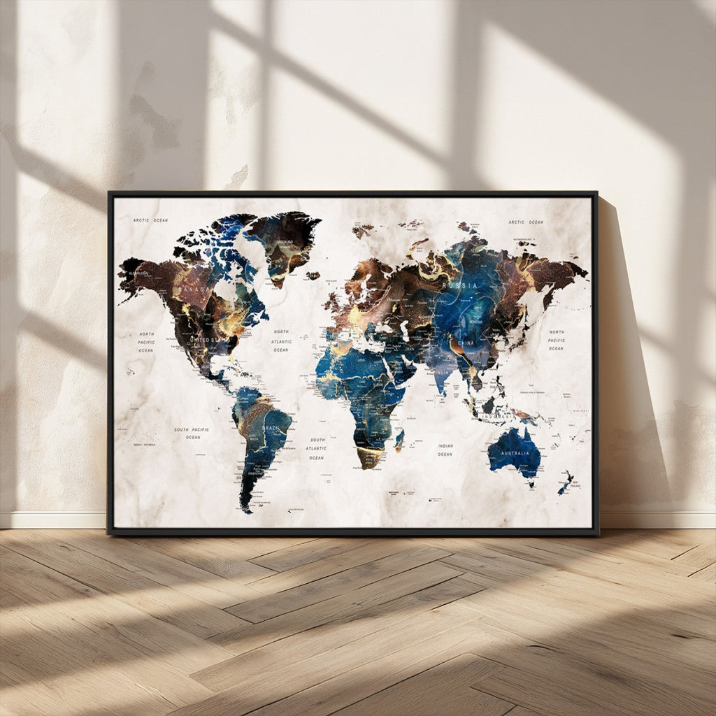 Abstract Earth Tone Blue World Map Canvas Print | Framed Travel Map Wall Art