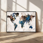 Abstract Earth Tone Blue World Map Canvas Print | Framed Travel Map Wall Art