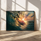 Ocean Wave Sunset Canvas Wall Art | Triptych Seascape Print