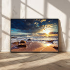 Golden Hour Beach Sunset Canvas Triptych, Ocean Waves and Rocks Wall Art
