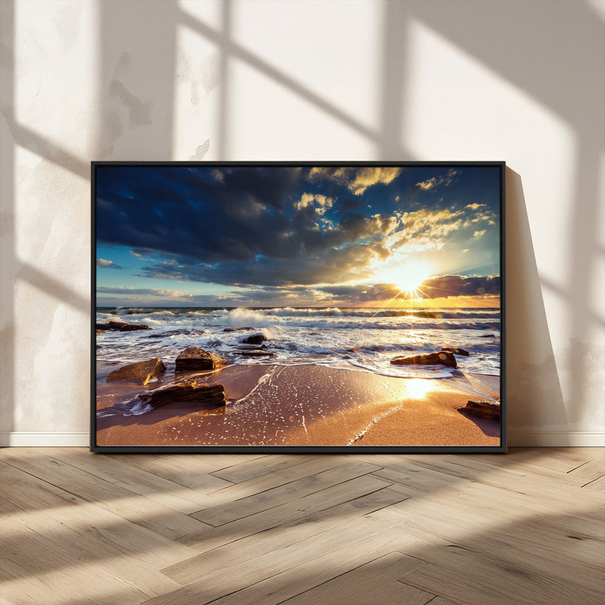 Golden Hour Beach Sunset Canvas Triptych, Ocean Waves and Rocks Wall Art