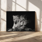 Lion Couple Wall Art Canvas Print, Elegant Black and White Wildlife Portrait