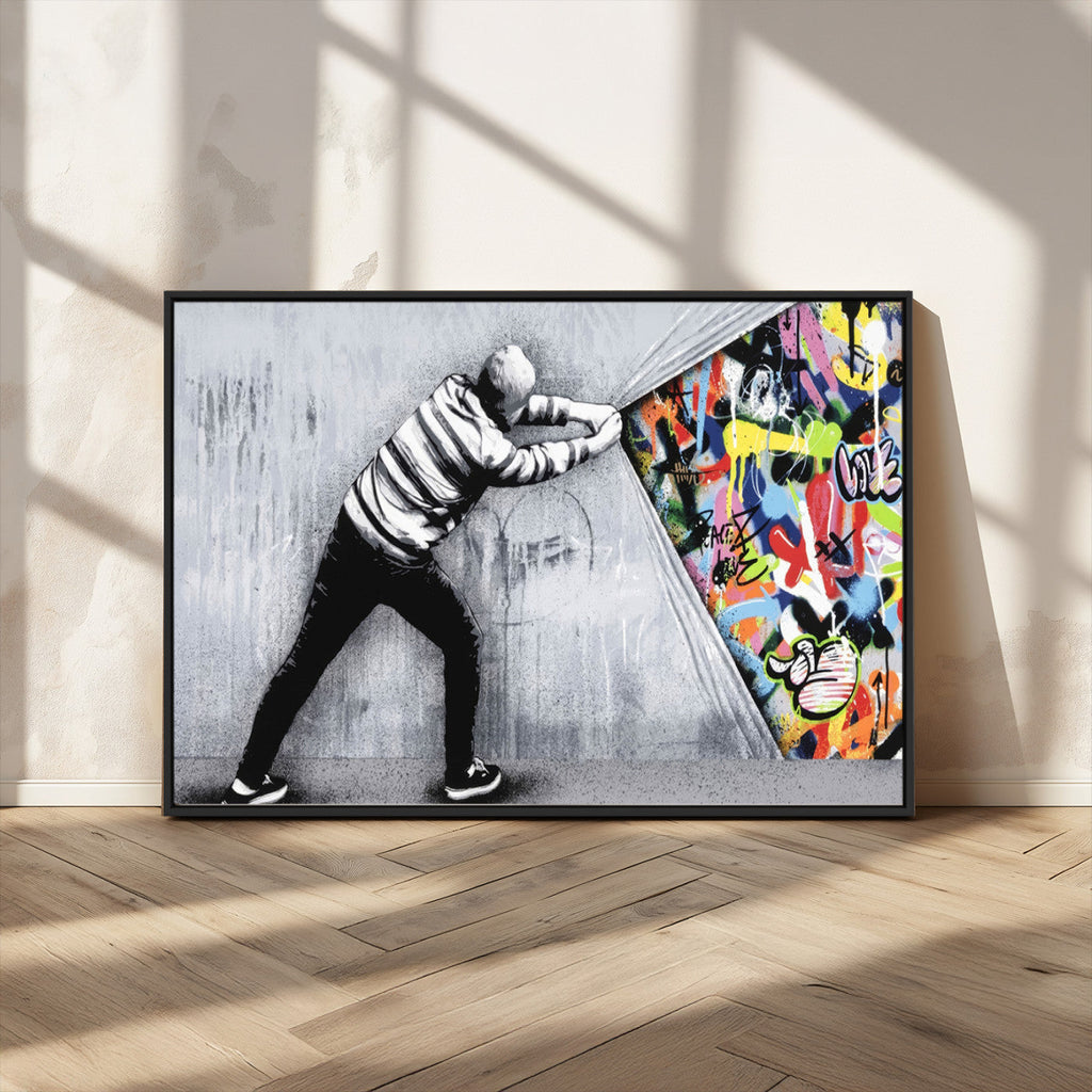 Banksy Art Behind the Curtain Street Wall Art Canvas Print | Urban Graffiti Style Wall Decor