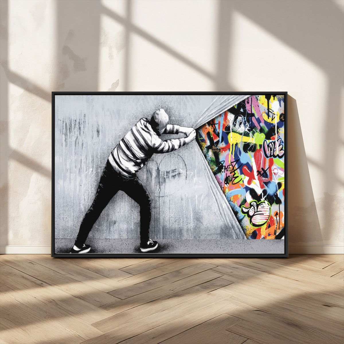 Banksy Art Behind the Curtain Street Wall Art Canvas Print | Urban Graffiti Style Wall Decor
