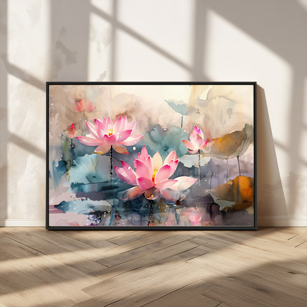 Lotus Flower Wall Art | 3 Panel Giclee Canvas Print of Pink Lotus Blossoms