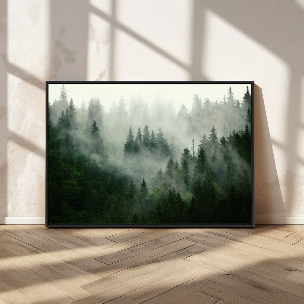 Misty Forest Wall Art | Tranquil Green Woodland Canvas Print