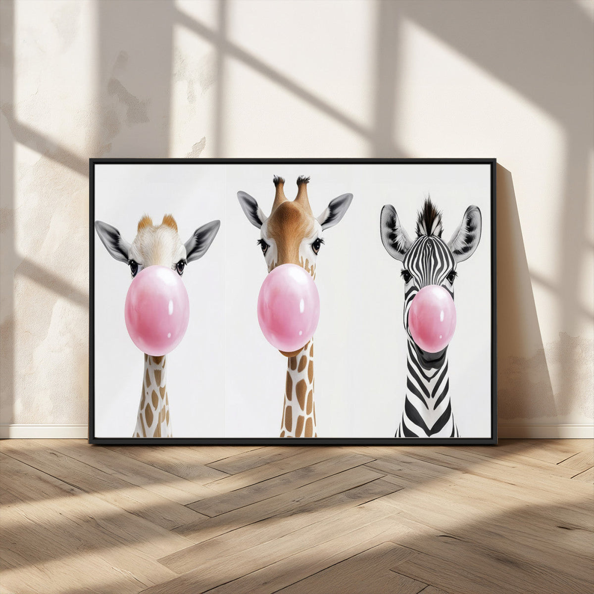 Bubblegum Animals Canvas Wall Art, Playful Giraffe and Zebra Trio, Whimsical Nursery and Kids Room Decor