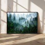 Misty Forest Wall Art Canvas Print, Framed Foggy Mountain Art, Large Scenic Woodland Canvas