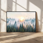 Misty Pine Forest Wall Art Canvas, Sunrise Over Foggy Trees