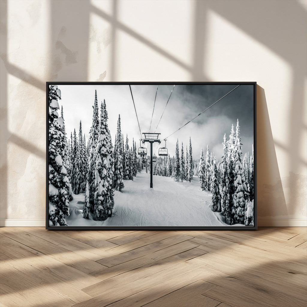 Snowy Pines Wall Art Canvas Print | Ski Lift in a Winter Forest