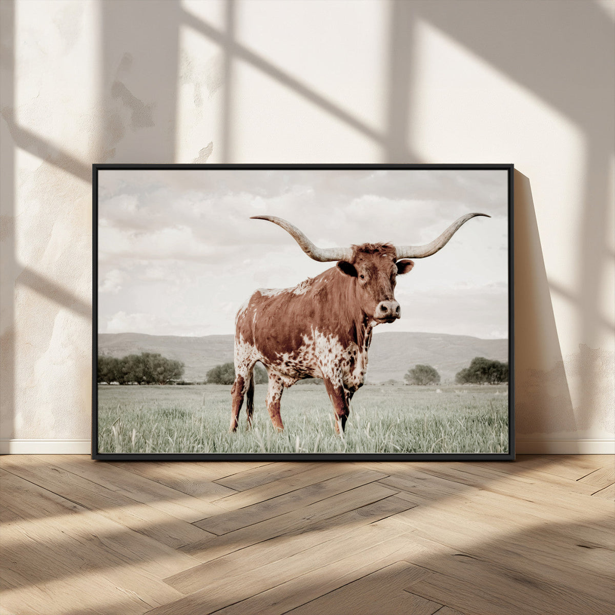 Texas Longhorn Wall Art | Framed Spotted Cattle Canvas