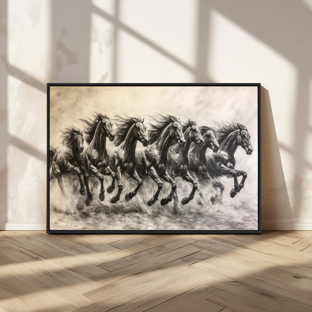Running Horses Wall Art Canvas Print, Framed Monochrome Galloping Herd Sketch