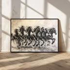Running Horses Wall Art Canvas Print, Framed Monochrome Galloping Herd Sketch
