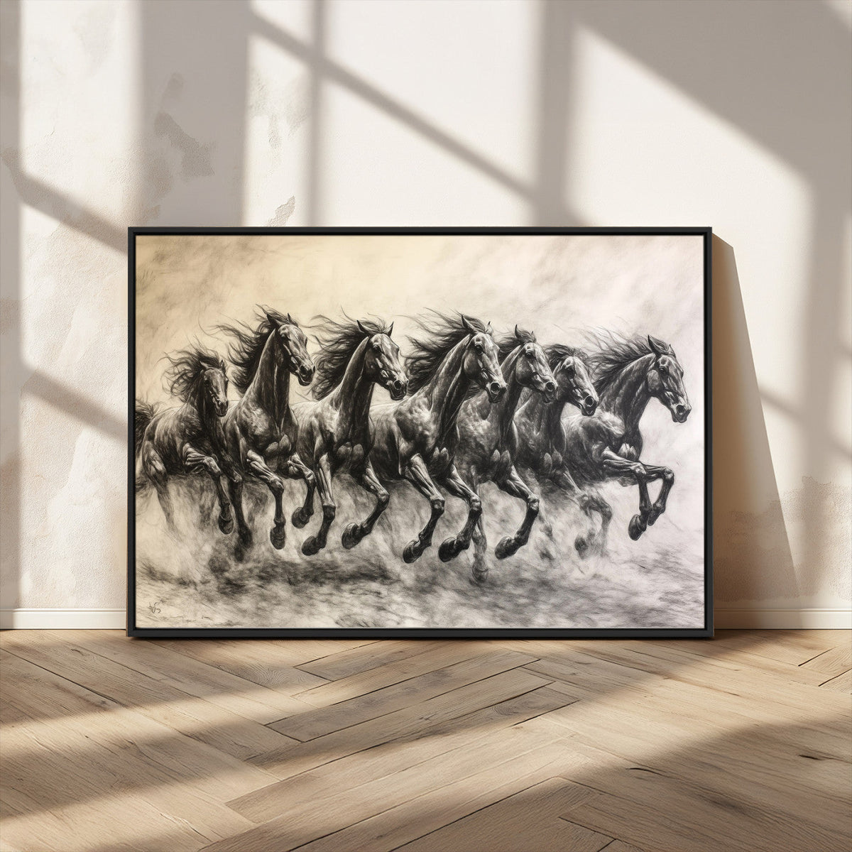 Running Horses Wall Art Canvas Print, Framed Monochrome Galloping Herd Sketch
