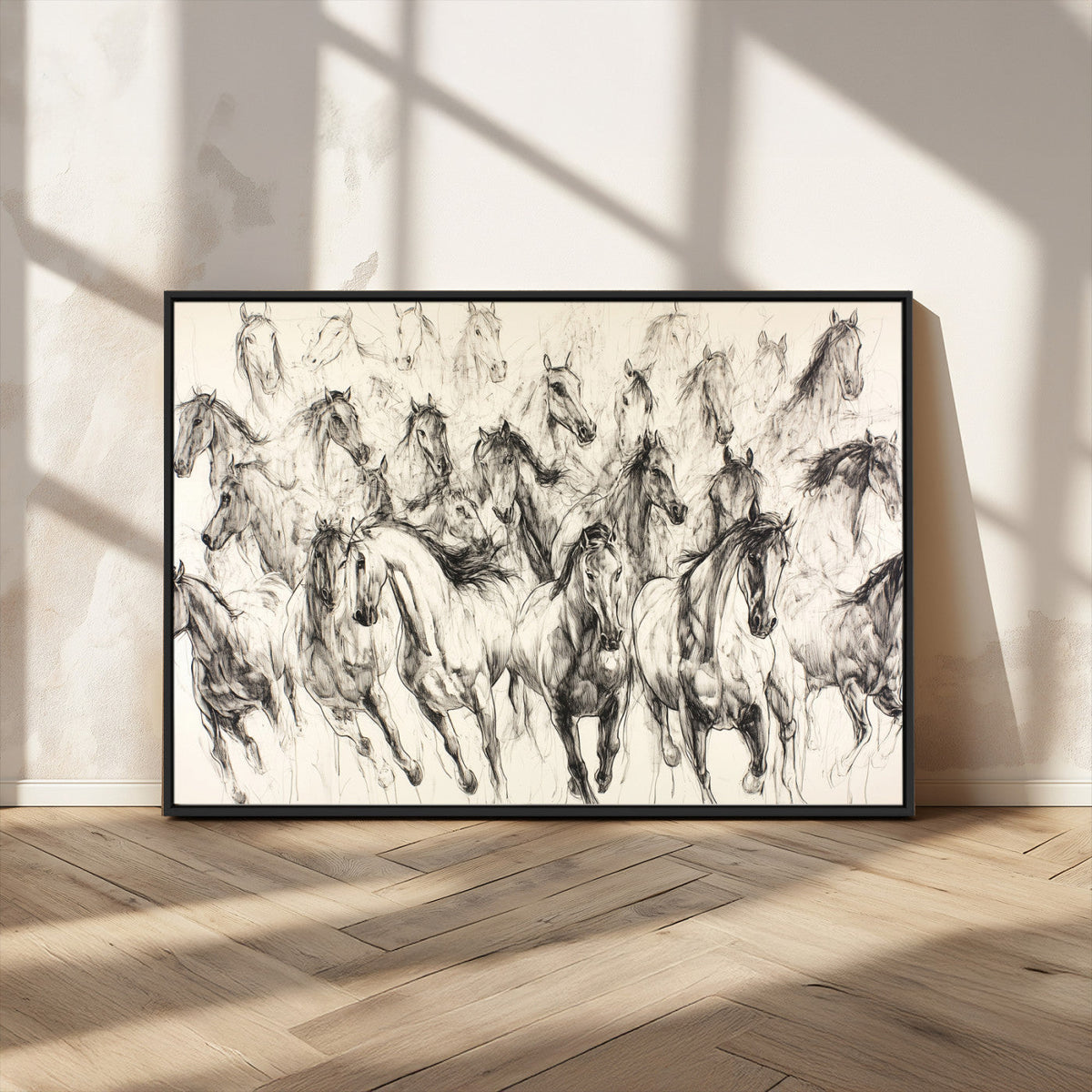 Abstract Horse Wall Art Canvas Print, Framed Horse Sketch with Galloping Herd