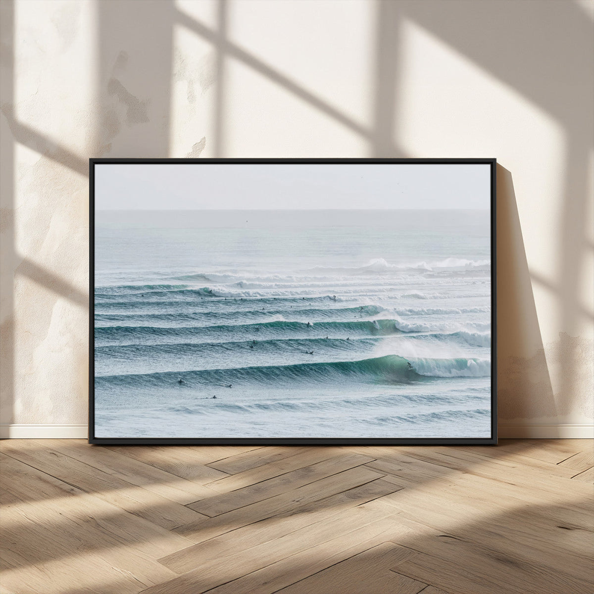 Ocean Waves Wall Art Canvas Print, Framed Surfer Lineup on a Crowded Ocean