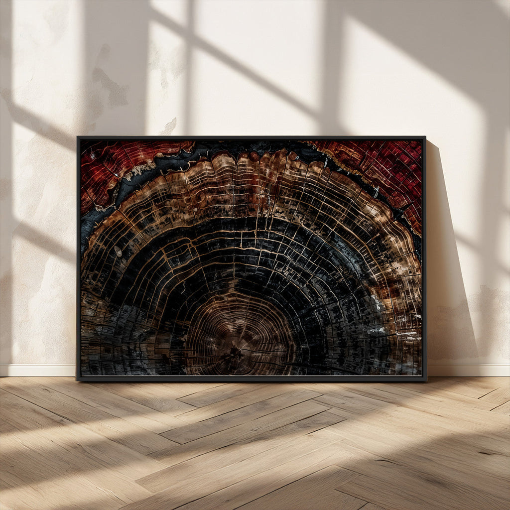 Dark Wood Ring Wall Art Canvas Print, Framed Abstract Tree Slice Print, Rustic Wood Grain Decor