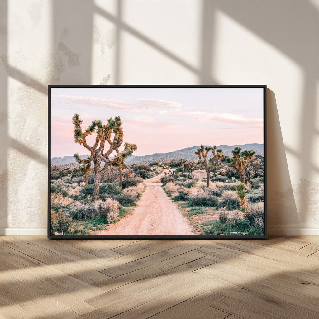 Joshua Tree Wall Art Canvas Print, Framed Desert Road Scene at Sunset