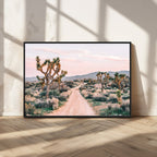 Joshua Tree Wall Art Canvas Print, Framed Desert Road Scene at Sunset