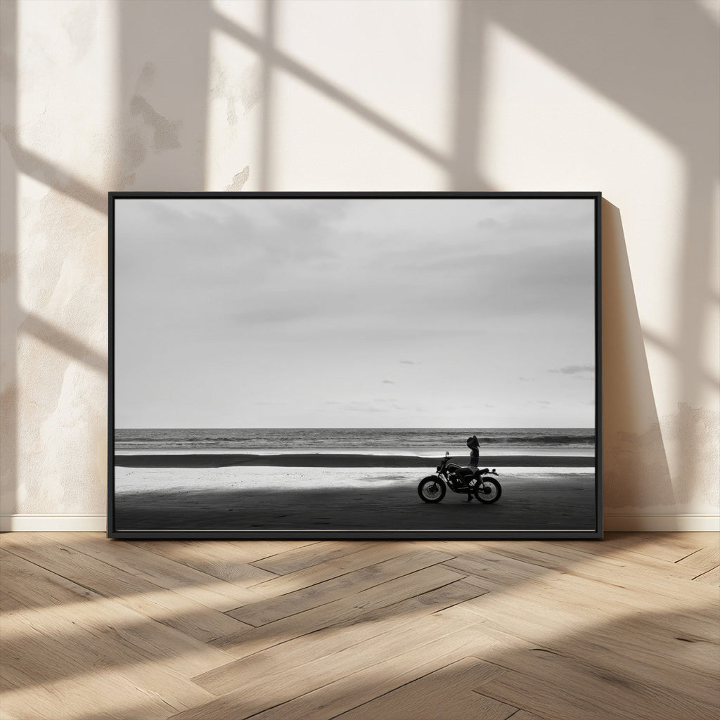 Motorcycle Beach Wall Art Canvas Print, Framed Vintage Motorcycle and Biker Silhouette