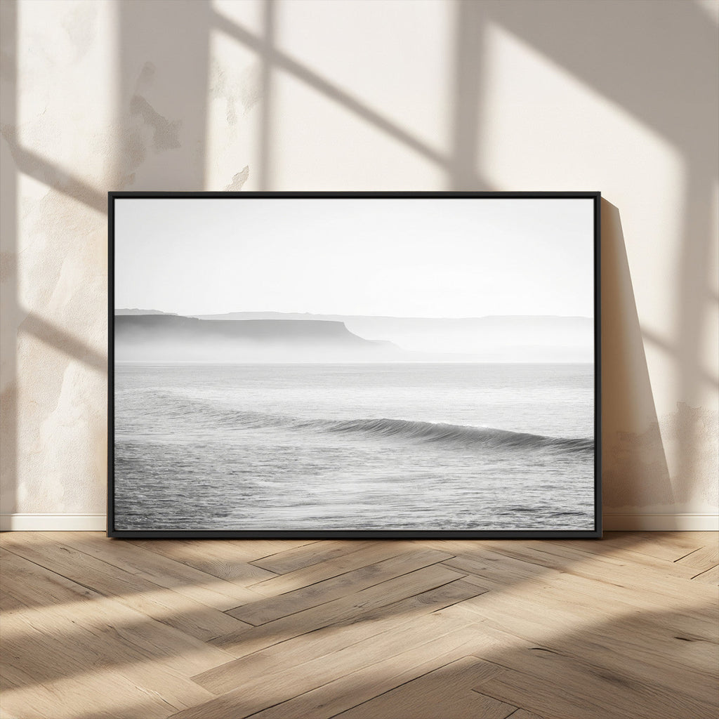 Black and White Seascape Wall Art Canvas Print, Framed Misty Ocean Waves